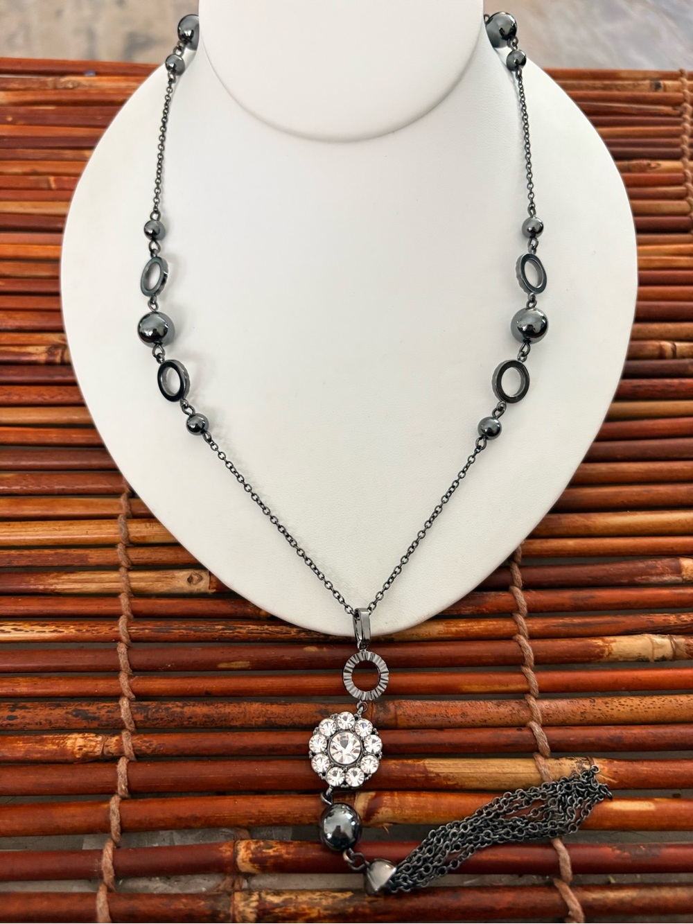 Lia Sophia Gunmetal Necklace with Clear Crystal Flower and Tassel 27”-30”